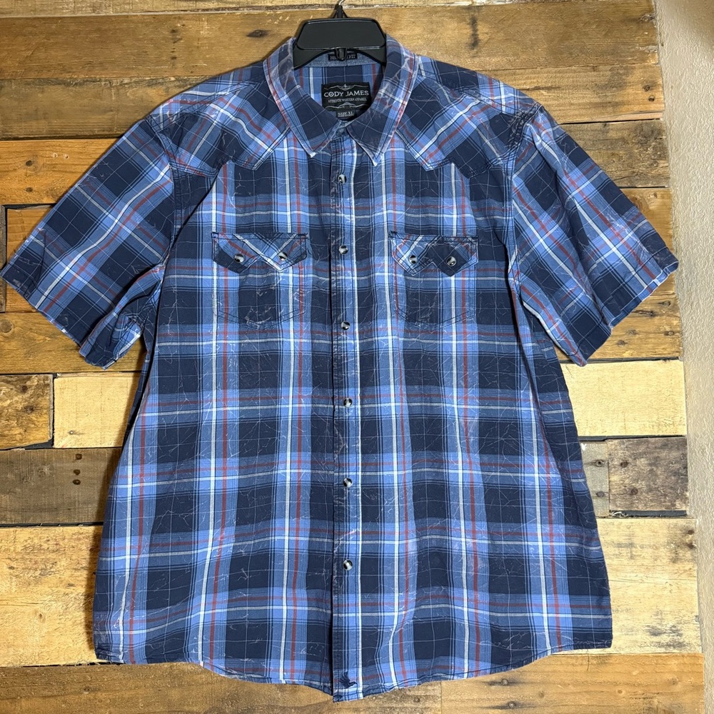 Cody James Shirt‎ Mens XL Blue Plaid Sawtooth Pearl Snap Western Short Sleeve